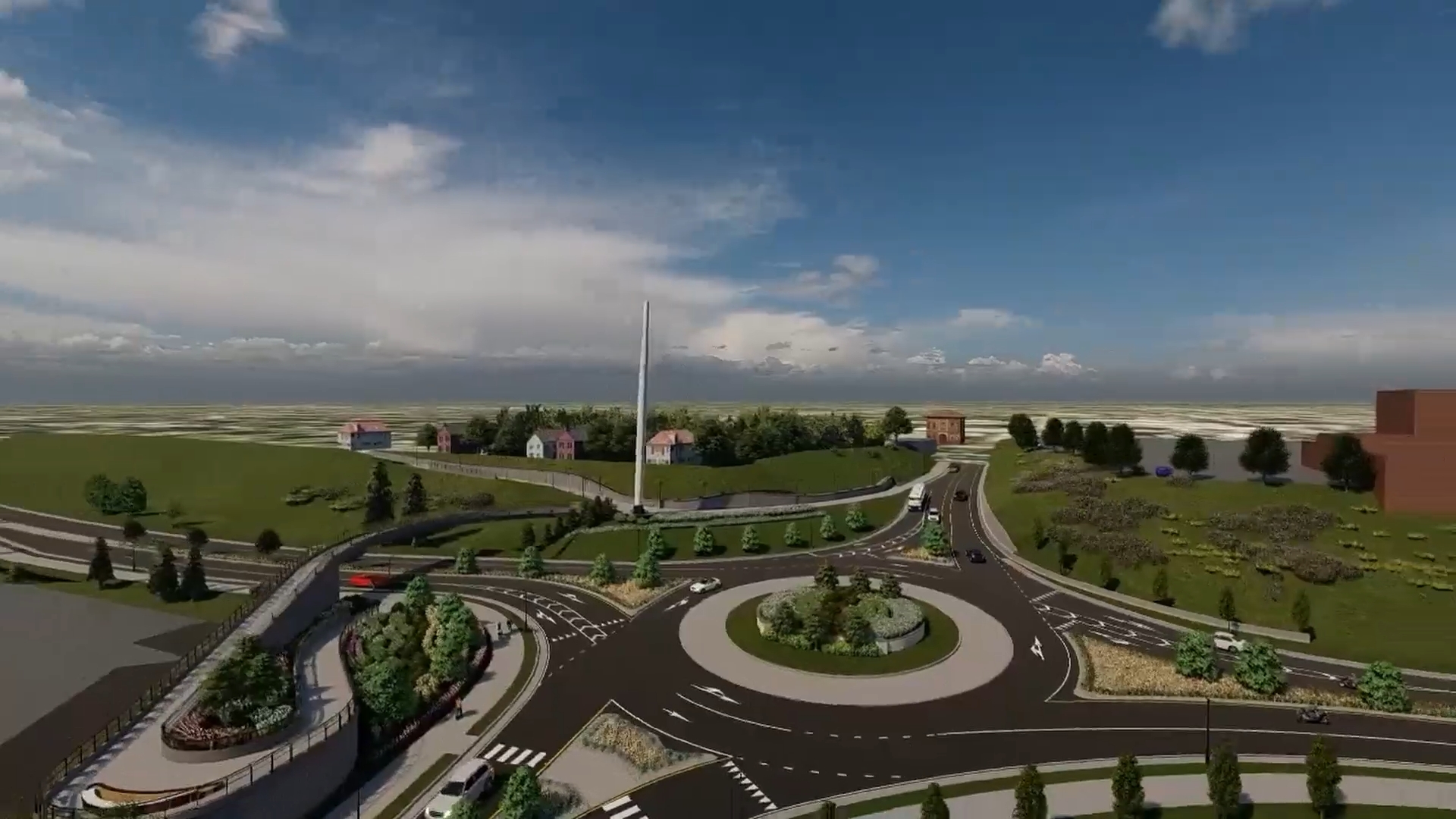A digital rendering showing vehicles travelling through a dual-lane roundabout and a pedestrian bridge over the roadway leading into the roundabout