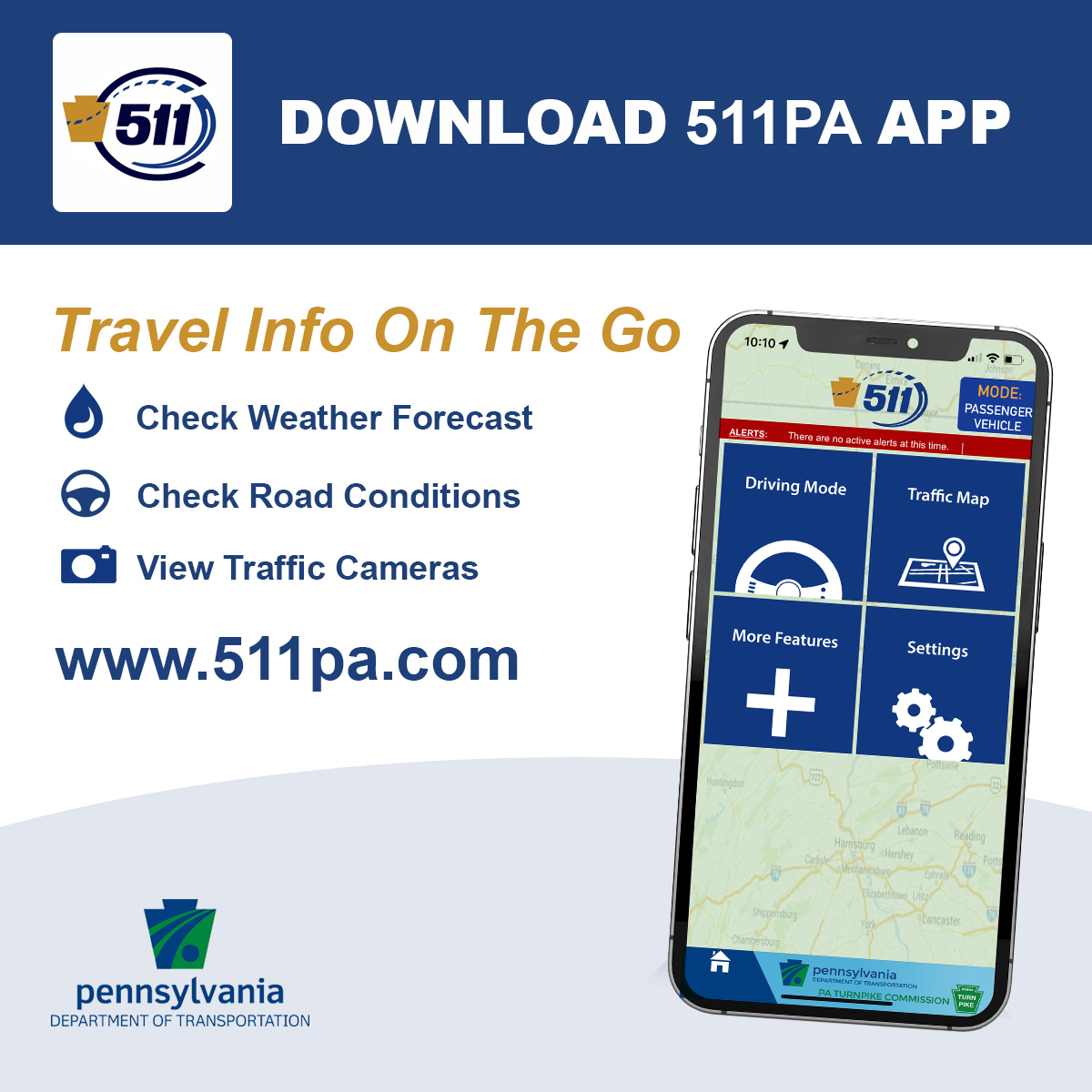 An image showing the 511PA app on a mobile device with language to let users know what is available on the app and to encourage users to download it 